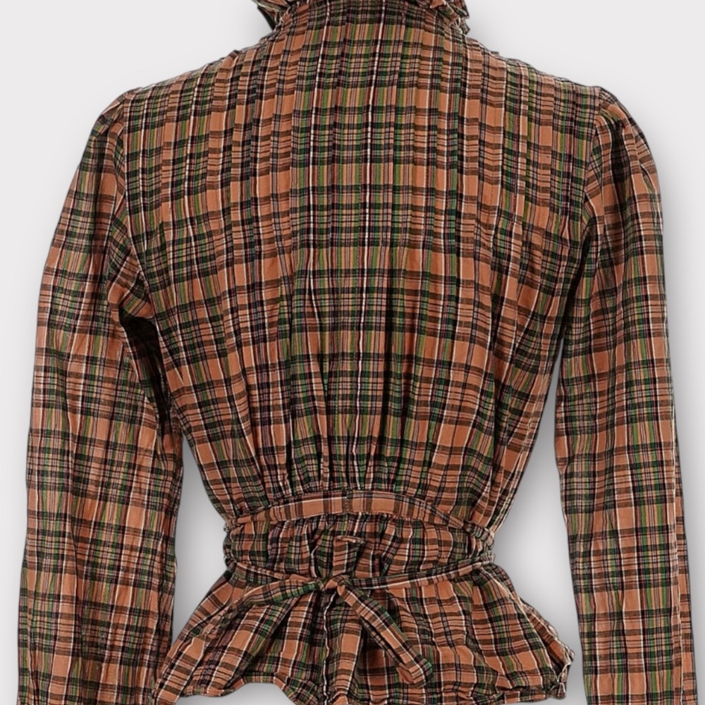 DÔEN Palmera Check Printed Waist Belted Pintucked Organic Cotton Voile Blouse - Picture 6 of 10